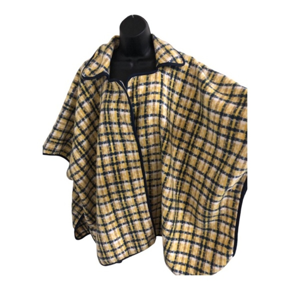 Andrew Marc New York yellow navy gingham tartan plaid‎ poncho OS new